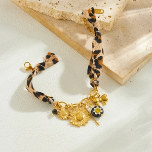 Gold-plated leopard fabric chain bracelet with sunflower and bow charms for women
