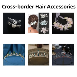 Collection of bridal hair accessories including pearl combs, flower headbands, and tiaras
