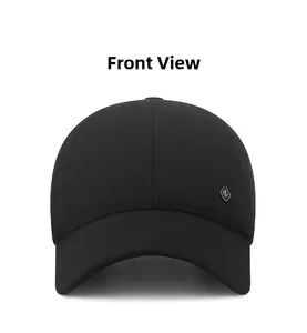 Detailed close-up of a black wool baseball cap with diamond metal logo and warm ear protection