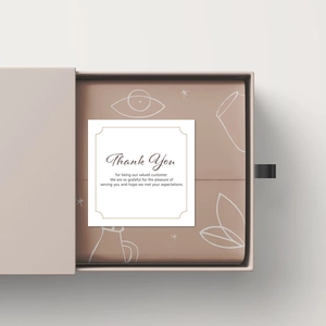 Detail of square Thank You card with gold border and drawer gift box packaging