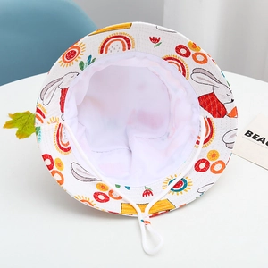 Detail of children's cotton sun hat featuring colorful animal prints and adjustable wind rope