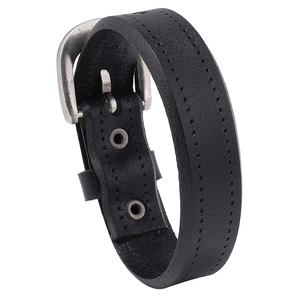 Punk rock style black leather wristband for men featuring a metallic buckle on white background