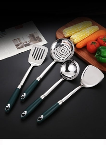 Detailed view of a 4-piece 304 stainless steel kitchen utensil set with dark green handles