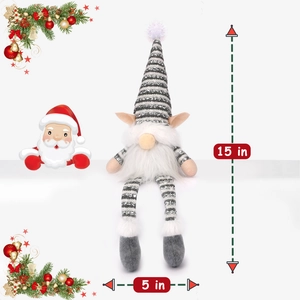 Detailed size view of a 15-inch tall glowing Christmas gnome with gray striped hat