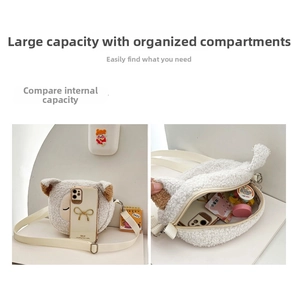 Detail view of cute sheep plush bag showing internal capacity and phone size comparison