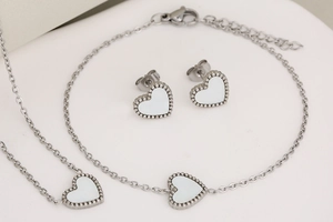 Minimalist silver stainless steel jewelry set with white heart inlay earrings and necklace