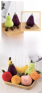 Detailed collection of plush fruit and vegetable toys in a cozy woven basket setting