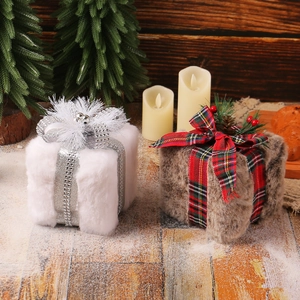 Christmas Plush Gift Box Ornament Faux Fur Decoration With Pine Cones And Plaid Ribbon Holiday Tabletop Home Party