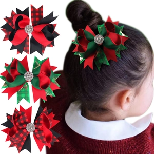Christmas Bow Hair Clips Grosgrain Ribbon Rhinestone Reindeer Pattern Festive Hair Accessories For Girls