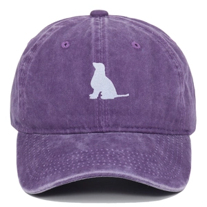 Close-up of purple washed cotton baseball cap with white golden retriever animal embroidery