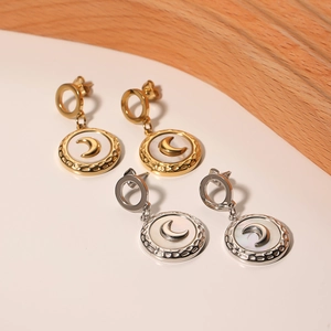 Golden and silver stainless steel moon earrings with mother of pearl shell pendants