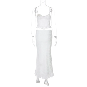 Detailed back view of white lace camisole and matching floral print maxi skirt on mannequin