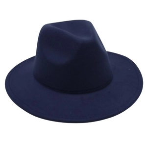 Detail of navy blue wool felt fedora showing refined stitching and smooth brim texture