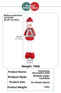 Detailed size chart for Christmas snowman doll showing adjustable legs and 70cm height