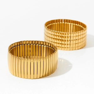 Chunky gold stainless steel stretch bracelet with vertical rectangular textured links
