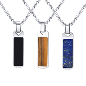 Men's fashion stainless steel pendant necklaces with tiger eye, lapis and onyx stones