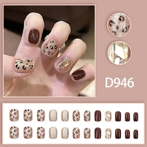 French leopard print press-on nails with sparkling glitter and rhinestones set