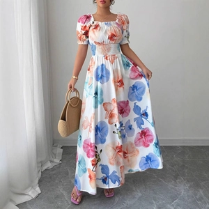 Floral A-line summer dress with puff sleeves and smocked waist in white floral print