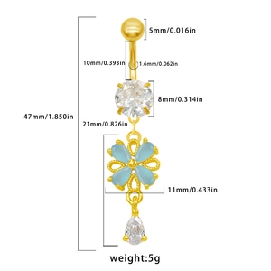 Dimensions détaillées du piercing de nombril doré avec fleur bleue et zircon