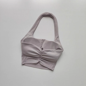 Sleeveless halter neck sports bra in lilac with gathered front and open back design