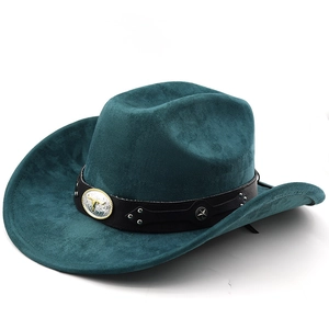 Classic dark green faux suede western cowboy hat with studded leather band and bull emblem