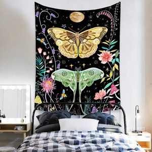 Detail view of moth and butterfly tapestry with floral patterns and glowing mushrooms