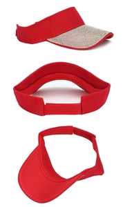 Three-view detail of a red sun visor with rhinestone brim and adjustable strap closure