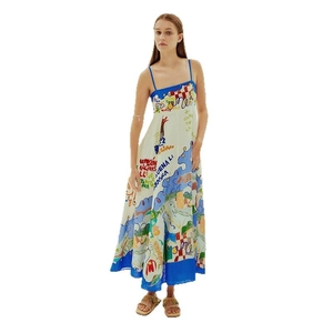 Sexy graffiti print cotton maxi dress with thin straps and a flowy large swing hemline