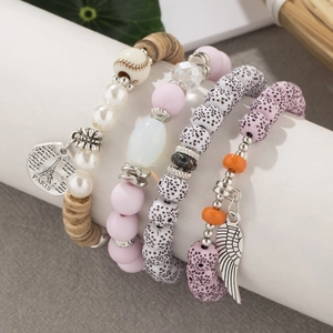 Bohemian multilayer beaded bracelet set with Eiffel Tower and wing charms for women