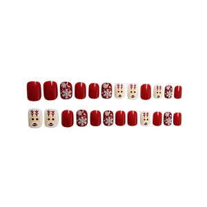Kit de 24 faux ongles de Noël avec motifs de rennes rouges et flocons de neige blancs