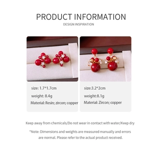 Detailed comparison of red resin stud and drop earrings with dimensions and materials