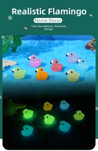 Glow-in-the-dark resin flamingo miniatures showing day colors and night fluorescence