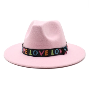 Chapeau en laine rose à large bord avec ruban LOVE pour hommes et femmes