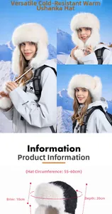 Close-up of beige plush winter trapper hat with dimensions for 55-60cm head circumference