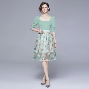Elegant grass green knit top and heavy embroidered A-line fairy dress set for women