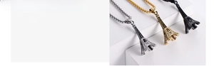 Detailed view of Eiffel Tower pendants in silver, gold, and black vacuum-plated steel