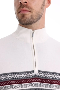 Close-up of men's half-zip stand collar sweater with geometric pattern and metal zipper