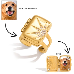 Detail of opening 18K gold square locket ring with sunburst starburst and custom photo