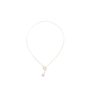 Gold choker necklace with knot design and a baroque pearl pendant on a white background