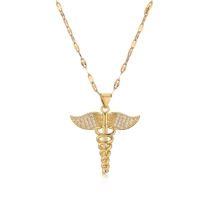Gold plated angel cross pendant with medical caduceus wings on a flat link chain