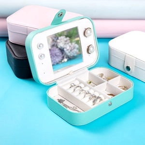 Mint green luxury PU leather jewelry box with mirror and multiple storage compartments