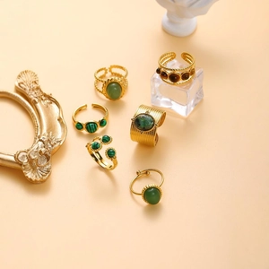 French vintage gold titanium steel rings with green and brown stone inlays