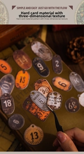 Close-up of vintage industrial style hard card stickers with rustic numbering and aged texture