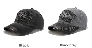 Detail of washed cotton baseball caps with 3D embroidery and vintage distressed texture