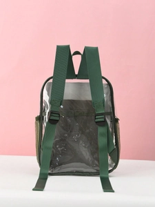 Detail view of transparent PVC backpack showing green mesh pockets and reinforced green straps