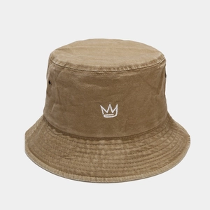 Vintage washed khaki bucket hat with white crown embroidery and metal eyelets
