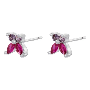 Detail view of silver butterfly studs with pink and purple rhinestones on white background