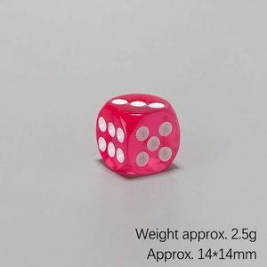 Detail view of pink translucent resin dice showing 2.5g weight and 14mm dimensions