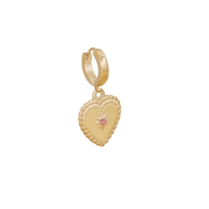 Detail of heart-shaped gold earrings with pink gemstone inlay and starburst engraving