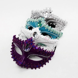 Lace masquerade masks with rhinestones for parties in purple, white, teal and silver